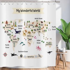 Rideau de Douche Drôle 165x180 cm,Carte du Monde Animaux Mignons drôles Blanc Lavable Textile Rideaux de Tissu Rideaux de Douche imperméables pour Baignoire avec 12 Crochets - Neuf