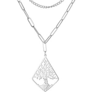 Kal-Collier À Couches Arbre De Vie Rhombique En Acier Inoxydable Collier À Pendentifs Arbre De Vie De Famille Inspiré Par La Nature Bijoux Spirituels Pour Femme Homme - Neuf