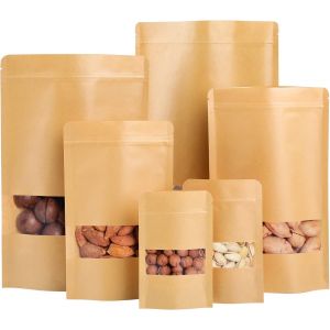 50 Pi&egrave;ces Kraft Alimentaire,Sachet Kraft Zip,Emballage Alimentaire ,Sac Papier Kraft Avec Fen&ecirc;tre,R&eacute;sistant &Agrave; L'humidit&eacute;,Sachet Kraft Pour Les Graines Et Les Noix (16x26cm) - Neuf