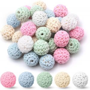 Lot De 30 Perles En Bois Crochetées,16 Mm,Boules En Bois Colorées,Avec Trous De Filetage,Boules En Bois Faites À La Main,Pour Collier,Bracelet,Perles Au Crochet (Bleu Clair) - Neuf