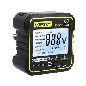 Testeur de prises avec test RCD et affichage LCD de la tension, 6 types de diagnostics d'erreurs, affichage de la tension de fuite et du courant, test FI, 90-250V/50-60Hz - Neuf