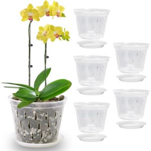 Lot De 5 Pots &Agrave; Orchid&eacute;es En Plastique Transparent De 14 Cm Avec Trous Et Soucoupes-Pots De Fleurs D'int&eacute;rieur Respirants Pour Toutes Les Plantes D'int&eacute;rieur - Neuf