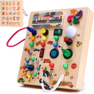 NauotK Planche Montessori, Busy Board en Bois pour B&eacute;b&eacute; 3+ Ans, Activity Board avec 19 Lumiere, Motricit&eacute; B&eacute;b&eacute; Jouet Educatif Sensoriel, Voyage Portable Tableau d'activit&eacute; Cadeau pour Gar&ccedil;ons & Filles - Neuf