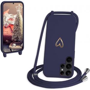 JGD-Coque avec Cordon pour Samsung Galaxy S25 Ultra 5G, Coque de Cellulaire Corde Silicone &Eacute;tui en Motif Coeur avec R&eacute;glable Collier T&eacute;l&eacute;phone Cha&icirc;ne Lanyard Housse pour S25 Ultra, Bleu Fonc&eacute; - Neuf