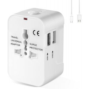 Adaptateur Voyage Universel, Adaptateur Prise Universel avec 2 USB, Double Fusibles Adaptateur International vers USA, EU, UK, AUS, Plus de 150 Pays (Blanc) - Neuf