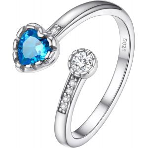 Kahfl-Bague Femme Coeur Réglable En Argent 925,Alliance Ouverte Serti De Pierre De Naissance En Zircon Cubique,Bague D'anniversaire - Neuf