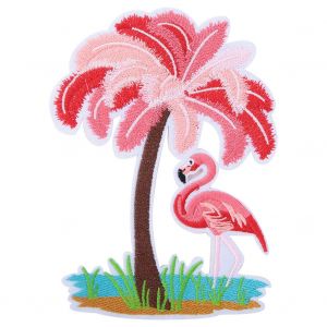 Patch Brode Flamant Rose Cocotier A Repasser, Autocollant Pour Vetements, Robes, Sacs - Neuf