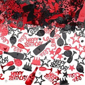 Sjzg-Confettis D'anniversaire &laquo; Happy Birthday &raquo; - Noir Et Rouge - Confettis - D&eacute;coration De Table D'anniversaire - Serpentins - D&eacute;coration D'anniversaire Pour Femme Et Homme - Neuf