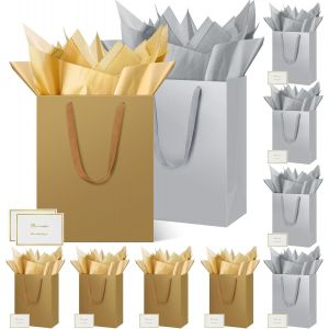 Sac Cadeau, 10 Pièces 12.59"" Papier Emballage Cadeau Anniversaire, Vertical Pochette Cadeau Grand Format Enfant 32*25*13cm Avec 10 Cartes 10 Mouchoirs Pour Fête D'anniversaire, Mariage Or Gris - Neuf