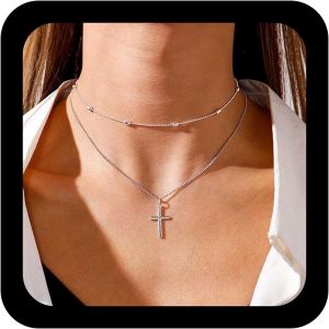 Kal-Boho Collier De Croix Superpos&eacute; Choker Collier Avec Pendentif Croix Vintage En Argent Collier Satellite En Perles Collier Avec Croix Multicouches Bijoux Pour Femmes Et Filles - Neuf