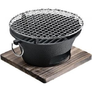 Ulteronixshop-Po&ecirc;le &agrave; charbon en fonte,barbecue de table au charbon de bois,barbecue portable avec grille en maille m&eacute;tallique et base en bois, barbecue de cuisine de camping(28CM) - Neuf