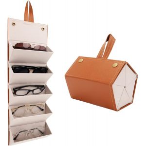 Organisateur De Lunettes De Soleil Portable Brun Boîte De Rangement Lunettes Suspendu Mural Pliable Cuir Pu Pour Femmes Hommes Enfants Voyage Ranger Avec Compartiments 5 Fentes - Neuf