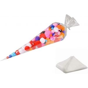 100 X Cône En Plastique Transparent Sacs-Cadeaux D'invité De Mariage Birthday Party Favors Sac Plat Avec Un Ruban D'or Pour Les Biscuits Gommes De Fruits De Bonbons - Neuf