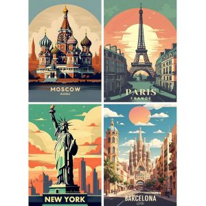 Ayuhr-Lot De 4 Posters De Peinture Diamant Ville 30 X 40 Cm Peinture Diamant Paysage Poster De Voyage Peinture Diamant Vintage Poster Diamant Peinture Art Broderie Point De Croix Images Cadeau - Neuf