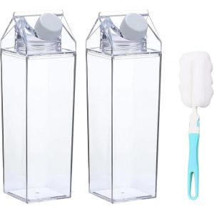 Checarzhn--No1-Lot De 2 Bouteilles D'eau Carrées Transparentes En Carton De Lait De 1 000 Ml, Conteneur De Jus De Fruits, Réutilisable, Créatif, Étanche, Avec S Pour Activités De Camping, Sports De P - Neuf