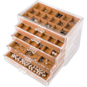 Bo&icirc;te De Rangement En Acrylique Transparent Pour Bijoux Et Boucles D'oreilles Avec 5 Tiroirs Et Plateaux En Velours Pour Femme - Pour Bagues Et Clous D'oreilles, Kaki - Neuf