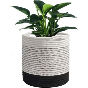 Eryi-Grand Pot De Fleurs Tressé, Cache Pot Plante Interieur, Panier À Plantes En Corde De Coton Pour Décoration Intérieure, Panier De Rangement Pour Jouets, Vêtements - Diamètre 25cm (Blanc+Noir) - Neuf