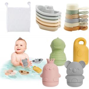 TDRFL-Jouet De Bain Pour Bebe 15 Pièces Jouets Bain Bébé À Presser Sensoriels Avec Bateaux Empilables Et Cuillère Filet De Rangement Idéal Dès 6 Mois 1-3 Ans - Neuf