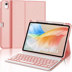 Tianyi-Clavier Pour Ipad Air 11"" 2024/2025 (M2/M3)/ Air 5ème/4ème Génération 10.9"", Coque Clavier Pour Ipad Pro 11"" 4/3/2/1 Gen, Clavier Français Azerty Magnétique, Rétroéclairé 7 Couleurs, Or Rose - Neuf