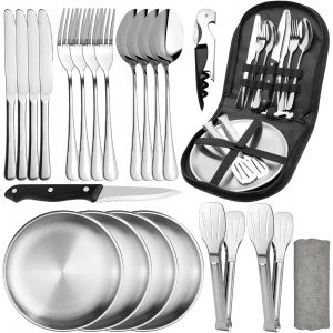 Asfasfq-Couverts Camping 4 Personnes, 22 Pièces Vaisselle Camping Ensemble, Couverts De Camping Avec Cuillère, Fourchette, Couteau, Clip Pour Assiette, Chiffons De Nettoyage Pour Pique-Nique, Voyage - Neuf