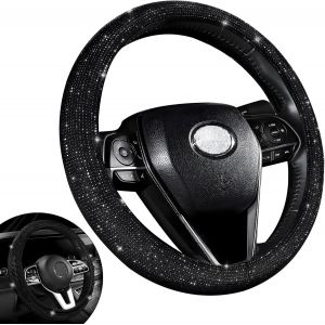 KAL-Housse De Volant De 36 À 39 Cm Avec Strass Étincelants - Accessoire De Voiture Pour Femme (Noir) - Neuf