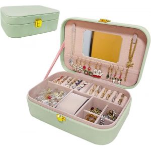 Boîte À Bijoux Pour Femme,Rangement Bijoux,Boite A Bijoux Voyage,Cuir Pu Boîte De Rangement Avec Miroir, Petit Boite A Bijoux Portable,Pour Bagues,Boucles,D'Oreilles,Colliers,Bracelets,Montre (Vert) - Neuf