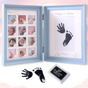 Kit Empreinte Pieds et Mains Bébé,Cadre Photo Registre de Croissance de La Première Année Cadeaux pour Bébé, Pliable Cadre Photo Bidirectionnel Avec Tampon Encreur Rechargeable (Blanc) - Neuf