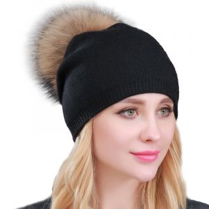 Les Femmes En Tricot De Laine Beanie Noir La Mode D'hiver Solides Chapeaux De Laine Véritable De Raton Laveur Amovible Fourrure Pom Pom Chaud Bonnet De Ski - Neuf