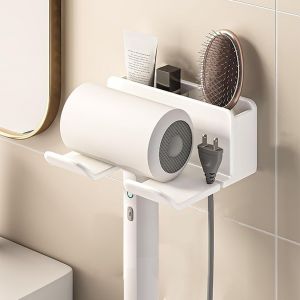 Porte Seche Cheveux Mural,Support de Sèche-Cheveux,Porte Seche Cheveux sans Percage,Rangement de Salle De Bain,Support Seche Cheveux,pour Salle de Bains Salon de Coiffure (Blanc) - Neuf