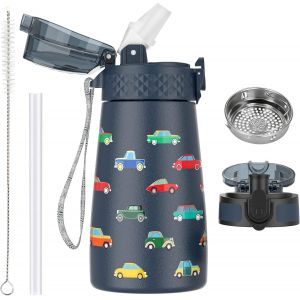 350ml/12oz Bouteille D'eau En Acier Inoxydable Pour Enfants Avec Paille Avec 2 Couvercles Diff&eacute;rents M&eacute;tal Isotherme Petite Fiole Pour L'&eacute;cole Gar&ccedil;ons Filles Boissons Chaudes Froides Sans Bpa - Neuf