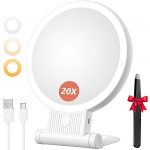 20x/1x Illuminated Magnifying Mirror, 20x/1x Double Sided Makeup Mirror, 2000mah Rechargeable Led Mirror With 3 Colours Lighting, Portable Foldable Travel Cosmetic Mirror - Neuf