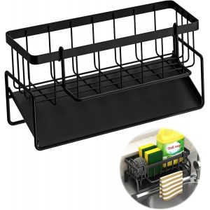 Organisateur D'évier, Porte Eponge Evier Cuisine Noir Avec Bac D'écoulement Et Porte-Serviettes Amovible, Range Eponge Evier Cuisine Inox Pour Cuisine, Salle De Bain, Buanderie, Garde-Manger - Neuf