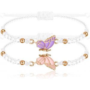 Eryi-Lot De 2 Bracelets Bff Papillon Assortis - Bracelets D'amitié À Breloques Faits À La Main - Réglable, Corde Blanche, Violet + Rose - Cadeaux De Bijoux - Neuf