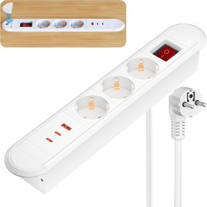 Multiprise Encastrable Avec Usb-C 67 W, 3 Prises Et 3 Ports Usb, Pour Bureau, Cuisine, Câble De 1,8 M, Blanc - Neuf