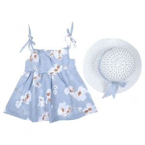 Robe D'ete Une Piece Sans Manches Avec Chapeau De Paille Pour Bebe Fille (Bleu Clair 100) - Neuf
