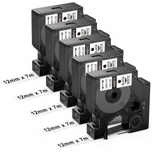 5x 45013 Ruban 12mm x 7m Compatible avec Dymo D1 12mm x 7m 45013 S0720530 A45013, Recharge Dymo D1 Ruban 12mm Noir sur Blanc pour Dymo LabelManager 160 210D 280 360D 420P LabelPoint 100 150 - Neuf