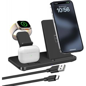 THEF-Station de Charge Chargeur à Induction 3 en 1 Chargeur sans Fil Compatible avec iPhone 8-16 Série, Apple Watch Ultra 2/10/9/Ultra/8/7/6/SE/5/4/3/2, AirPods/Galaxy Buds/Pixel Buds (Noir) - Neuf