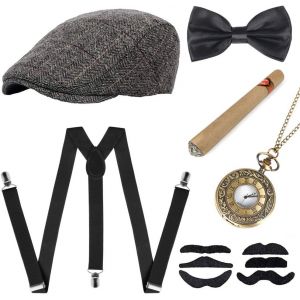 Fdjhy-Accessoires Pour Homme Des Années 1920 Avec Chapeau De Gangster Panama Réglable Et Élastique - N?ud Papillon - Montre De Poche Et Cigare En Plastique (Barett-Gray-09) - Neuf