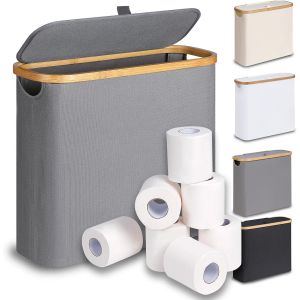 28 L Boite Rangement Papier Toilette avec Couvercle, Bambou Panier &agrave; Papier Hygi&eacute;nique Boite Rangement Salle de Bain, Corbeille Porte-Papier Toilette pour 9 &agrave; 12 Rouleaux, Gris - Neuf