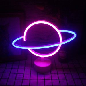 Eryi-Planet Lampe Néon Led Et Socle - Lampe De Table Bleu Clair Et Rose - Veilleuse Usb - Décoration De Table - Pour Chambre D'enfant - Fête D'anniversaire - Mariage - Neuf