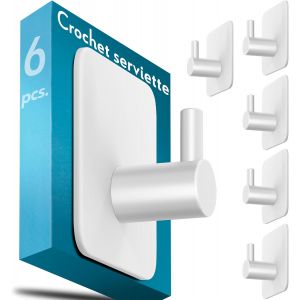 TZF-6 Pi&egrave;ces Crochet Adhesif Mural Blanc - Porte Serviette Salle de Bain Imperm&eacute;able, Portemanteau Autocollant Acier Inox, Accroche Pour Torchon de Cuisine - Neuf
