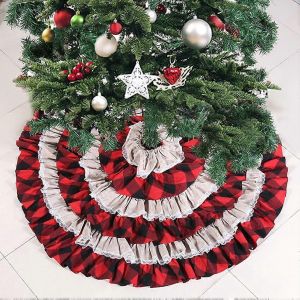 Jupe de sapin de No&euml;l, jupe de sapin en forme de g&acirc;teau de No&euml;l, d&eacute;coration de base de sapin de No&euml;l, jupe de sapin en dentelle &agrave; carreaux noirs et rouges, ornement - Neuf
