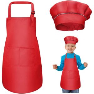 KALANKA-Tablier Enfant et Chapeau de Chef Set, Réglables Tabliers de Cuisine avec 2 Poches pour Filles Garçons, Bambin Tablier de Chef de Jardin pour Cuisson Peinture l'artisanat (7-13 Ans) - Neuf