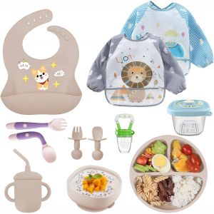 Kal-Assiette Bébé Set Repas Silicone, Lot De 10 Coffret Repas Bebe, Enfant Set Couverts Vaisselle Pour Sevrage Manger Apprentissage, Set Vaisselle Silicone Repas Bébé, Avec Ventouse - Neuf