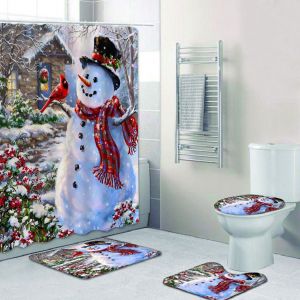 4 Morceau Joyeux No&euml;l Rideau de Douche Ensemble avec antid&eacute;rapant Tapis, Toilette d'un Couvercle et Tapis de Bain, de No&euml;l de Bonhomme de neige Rideaux de Douche avec 12 Crochets, No&euml;l Rideau de Dou - Neuf
