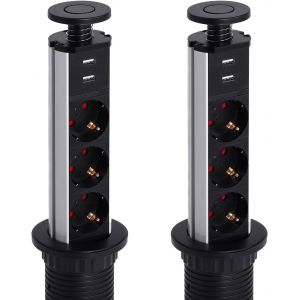 Lot de 2 multiprises escamotables &agrave; 3 prises - Avec USB - C&acirc;ble de 1,8 m - Pour plan de travail, cuisine, bureau - Noir - Neuf