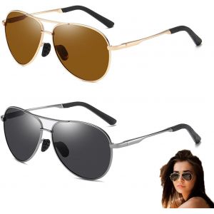 Lot De 2 Paires De Lunettes De Soleil Aviateur Lunettes De Soleil Aviateur Avec Protection Uv400 Pilote Polarisées Miroir Métal Pour Conduite Pour Hommes, Femmes, Pour Conduite, Pêche,Sport - Neuf