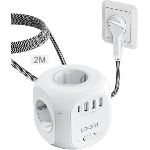 2M Plug Bucket with Flat Plug for Indoor Use, Power Strip with 4 AC Sockets, 3 USB and 1 Type C for Family, Kitchen and Office - Neuf