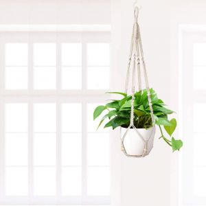 Jardini&egrave;re suspendue en corde de coton faite &agrave; la main, id&eacute;ale pour pots de 6 &agrave; 10 pouces, d&eacute;corative pour int&eacute;rieur ou ext&eacute;rieur, longueur 90 cm, couleur beige - Neuf