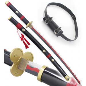 One Piece Katana en Bois Enma de Zoro Epee Meito + Ceinturon Noir Porte Epee Ceinture D&eacute;coration - Neuf